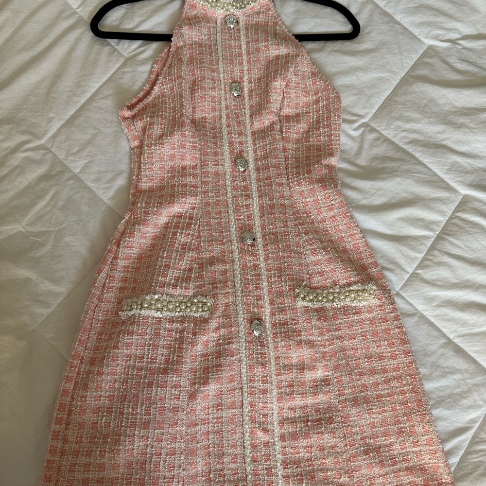 Elegant Pink Tweed Halter Dress